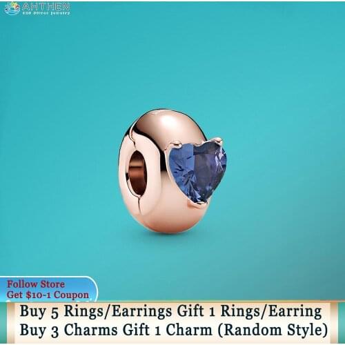 Ahthen 925 Sterling Silver Beads Blue Heart Solitaire Clip Charm fit Original Pandora Bracelets for Women Jewelry Making Gift