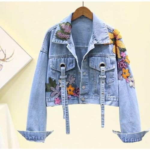 2020 Autumn Womens Denim Jacket Embroidery Sequined Jeans Jacket Long Sleeve Jaqueta Casual Loose Short Coat Student Streetwear