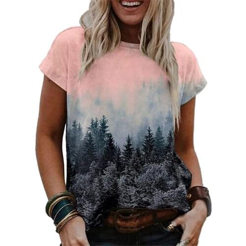 Summer scenery printed round neck short sleeve ladies casual T-shirt pullover graphic tee