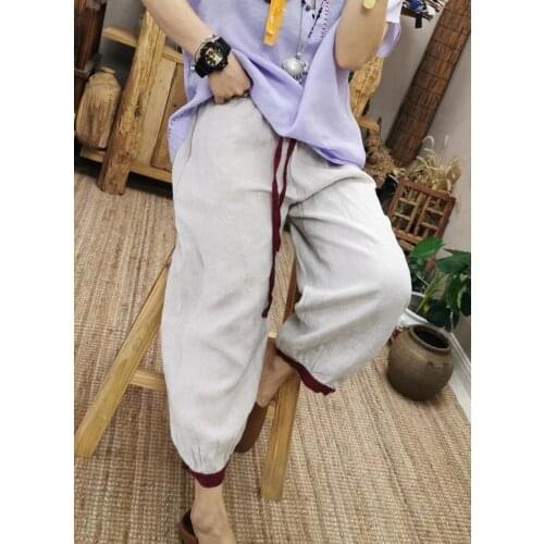Women Spring Summer Linen Harem Pants Ladies Vintage Flax Harem Trousers Female 2021 Loose Retro Patchwork Pants
