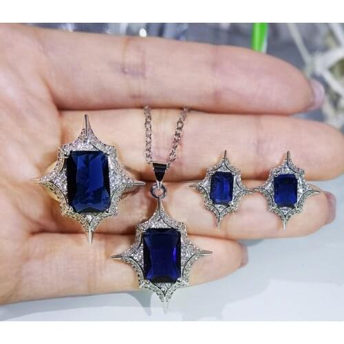 925 Silver Fashion Sun Flower Suit Dark Blue Zircon Three-Piece Sets For Women Wedding Party Engagement Jewelry Gift