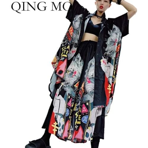 QING MO 3 Styles Women Vintage Set 2021 Women Cartoon Printed Set Female Single Breasted Coat + Wide Leg Pants ZQY6557