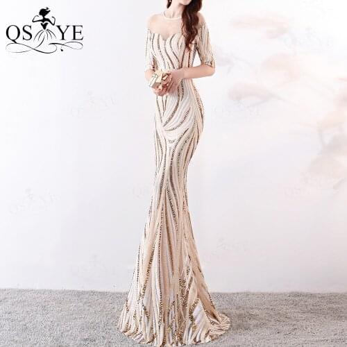 QSYYE Wave Sequin Evening Dresses Mermaid Short Sleeves Illusion Neck Evening Gown Gold Sequin Champagne Formal Party Dress