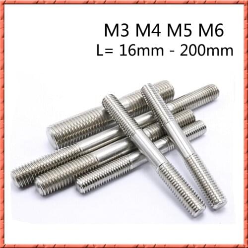 50pcs/lot SS304 M3/M4/M5/M6*16mm-200mm double end rods threaded bolts Stainless steel double head screw Non-standard customized