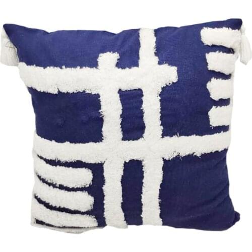 White blue tufted tassel wool embroidered on cotton cushion cover fringe pillow sofa throw cover