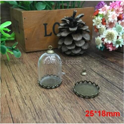 Freeshipping 300sets/lot 25*18mm Glass bubble & bronze 18mm lace base blank & 6mm cap DIY glass bottle tube globes vial pendant