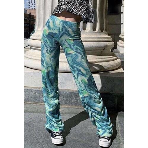 Summer Tie Dye Slim Wide Leg Pants Womens Chic Long Pants Ladies Streetwear Casual Ruded High Waist Long Trousers