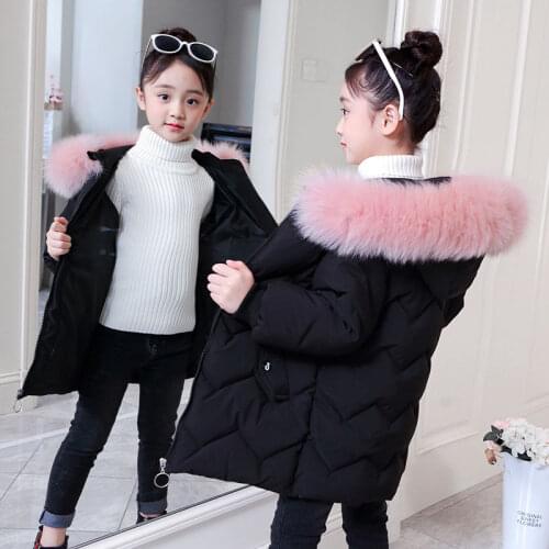 Children Girls Parkas Winter Coat Padded Jackets 2020 New Warm Thick Fur Collar Hooded Solid Jacket 110-160