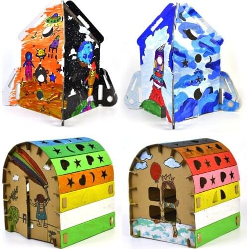 Children Kid Diy Graffiti 3D Corrugated Paper Puzzle Coloring Kids' Educational Paper House Building Construction Coloring Toys