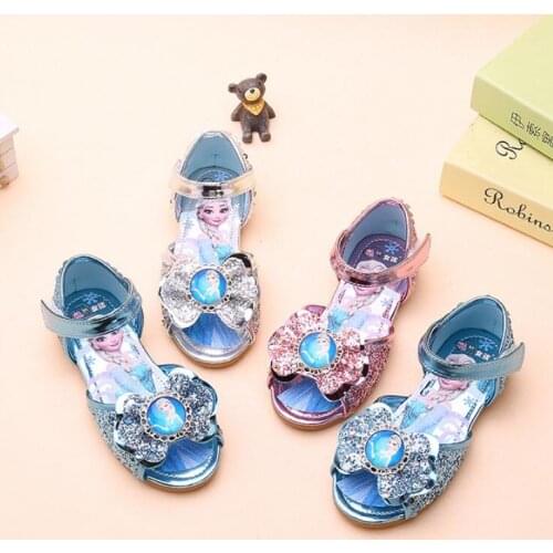 Girls Princess Frozen Elsa Sandal Summer Leather Glitter Crystal Rhinestones Bow Kid Sandals Party Shoes Children Christmas Gift