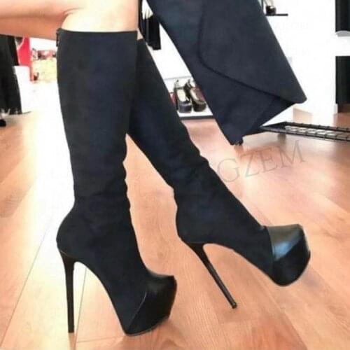 DOBANER Super Women Knee High Platform Boots Back Zip High Heels Boots Botas Faux Suede Shoes Woman Plus Size 43 44 47 50 52