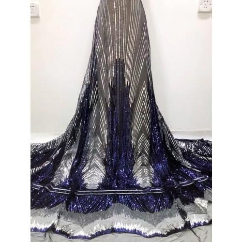Elegant Mixed Color Bling Silver and Navy Blue Mesh Tulle Lace with Many Sequins Shinning Turtle Fabric for Aso Ebi French T163