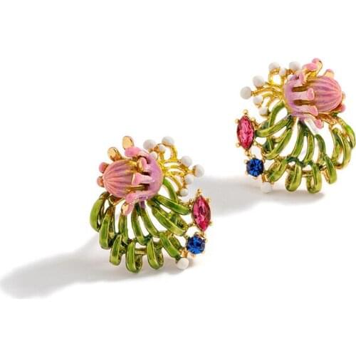 European and American New Fashion Enamel Forest Flower Stud Earrings Personality Simple Retro Fairy No Pierced Female Earrings