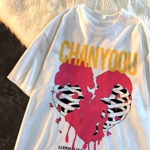 Cotton summer love print O neck short-sleeved white t-shirt Harajuku Casual vintage size women clothes Korean Tshirt loose top