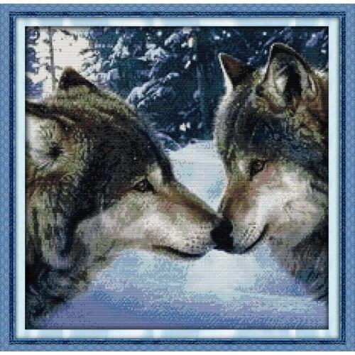Animal Kiss of Wolves Cotton Cross Stitch Kits Canvas 11CT Accurate Printed Embroidery DIY Handmade Needle Work Home Decor