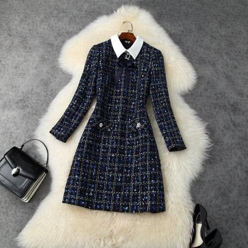 And American womens European clothing 2021 autumn new style Long-sleeved bow lapel Beaded plaid tweed fashion dress