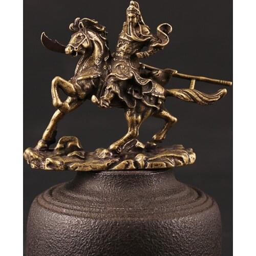Copper Riding Horse Guan Gong Tea Pet Military God of Wealth Statue Home Decoration Accessories Brass Office Desk Decor Tea Toy