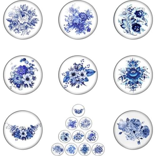 Fashion Blue Beautiful Flowers Painting 12mm/20mm/25mm/30mm Round Photo Glass Cabochon Demo Flat Back Making Findings