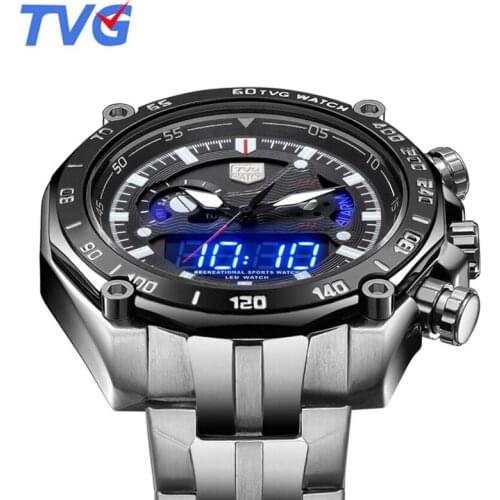 New TVG Mens Watches Top Brand Luxury Full Steel Blue Led Digital Analog Quartz Watch Mens Watches Sport Relogio Masculino