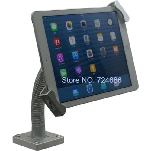 Universal 7-10.1 inch tablet gooseneck security mount with locked holder display on desktop or menu ordering restaurant