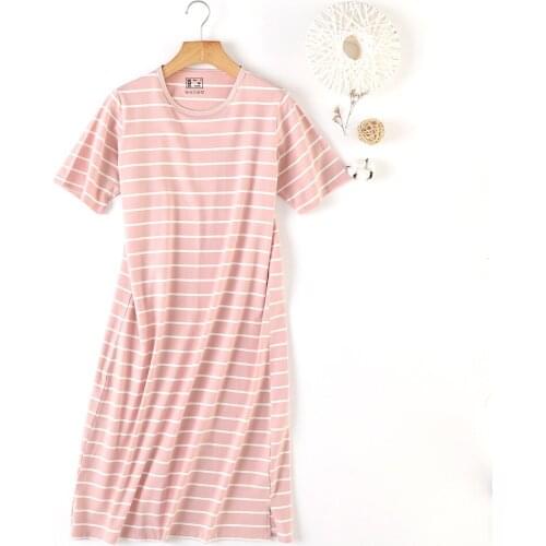 Summer Cotton Striped Nightgowns Women Soft Short Sleeve O-Neck Comfortable Elegant Loose Korean Style Sleeping Dress