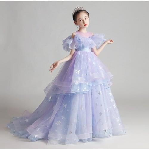 Girls princess dress childrens model catwalk evening dress dignified host performance costume flower girl fluffy yarn