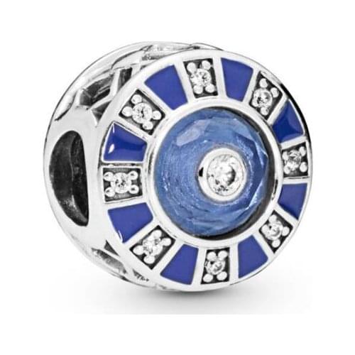 Genuine 925 Sterling Silver Charm Openwork Blue Enamel Mosaic With Crystal Beads Fit Pan Bracelet & Necklace Diy Jewelry