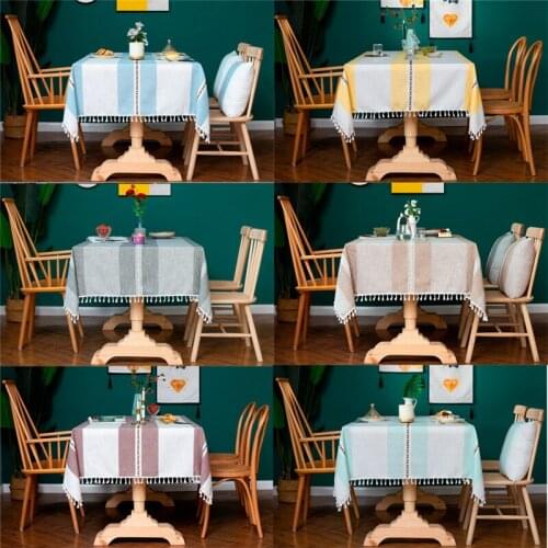 Hot sale Stripe Designs Solid Decorative Linen Tablecloth With Tassels Rectangular Wedding Dining Table Cover Tea Table Cloth