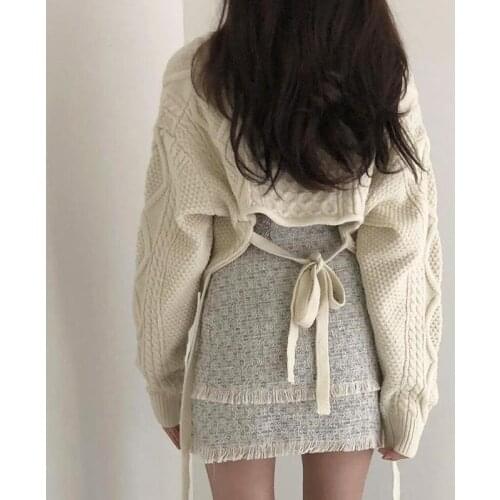 Korean Casual Fall Winter Sweaters Loose V-neck Lace up Knitted Pullover Sweater Women Top 2020