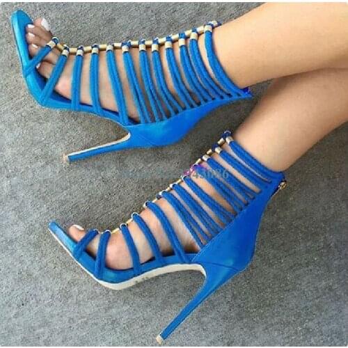 Gladiator Narrow Band Faux Suede Thin High Heel Sandals Blue Black Dark Brown Back Zipper Stiletto Heels Gold Bead Sexy Shoes