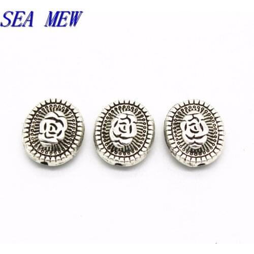 SEA MEW 20 PCS 12mm*10.5mm Metal Alloy Antique Silver color Oval Flowers Spacer Beads DIY Carved Flat Bead For Jewelry Making