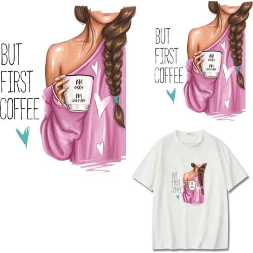 Pulaqi Coffee Girls Patches DIY Iron-on Transfers Woman Kids Thermal Stickers On T-shirt Grade-A Heat Print Stickers On Clothes