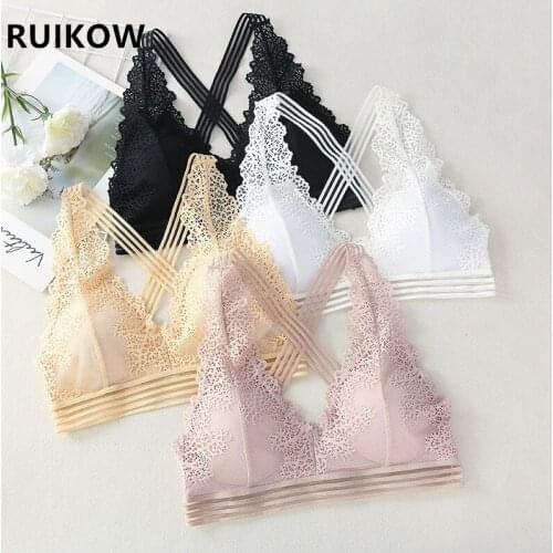 Top Quality Women Lace Thin Triangle Cup Bras V-Neck Push Up Small Chrest Beauty Cross BackTops Wireless Female Sexy Lingerie
