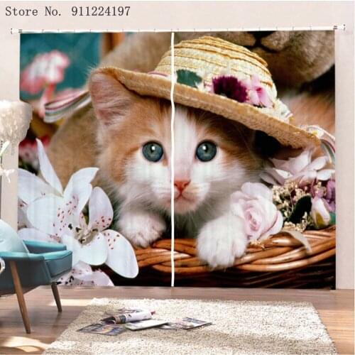 Cat Kitten Lovely 3D Printing 2Panel Room Curtains Large Window Living Room Bedroom Fabric Indoor Decor Adult Kids Curtain