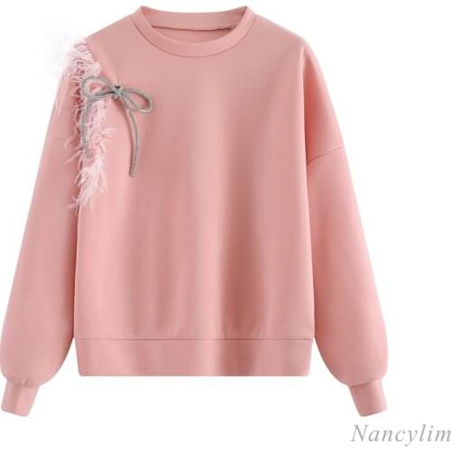 Pink Pullovers for Women 2021 Spring New Feather Bow Loose Sweatshirt Female Ladies Hoodies Nancylim