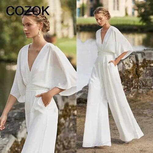 Bridal Culotte Jumpsuit Wedding dresses Boho Crepe Simple beach Bridal Suit Bloused V-neckline Low Back vestido de novia