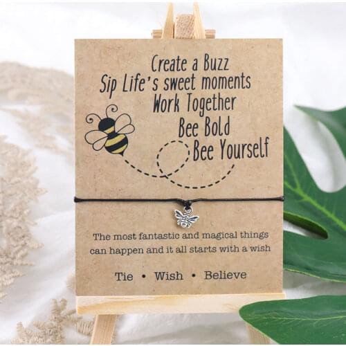 Be Happy Honey Bee Wish Bracelet Adjustable Bee Pendant Bracelet Bee Cord Bangle for Women Men Friendship Gift