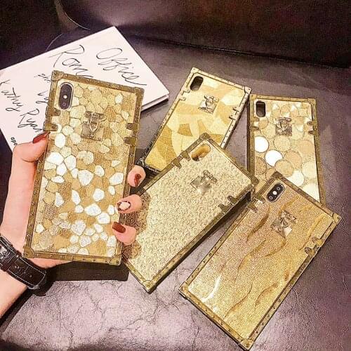 Glitter Hot 3D Luxury Square Gold Phone Case For iPhone 12Pro MAX XS MAX XR 6 7 8 Plus for Samsung NOTE 10 S10 Golden Soft Cover