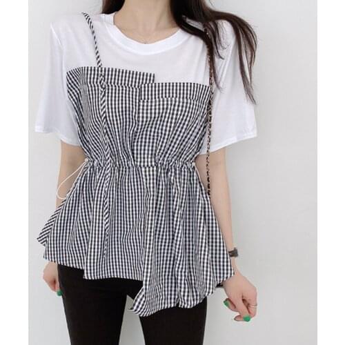 Neploe Suspenders Plaid Stitching Fake Two-piece Womens Blouses Drawstring Waist Short-sleeved Shirt Women Round Neck Blusas