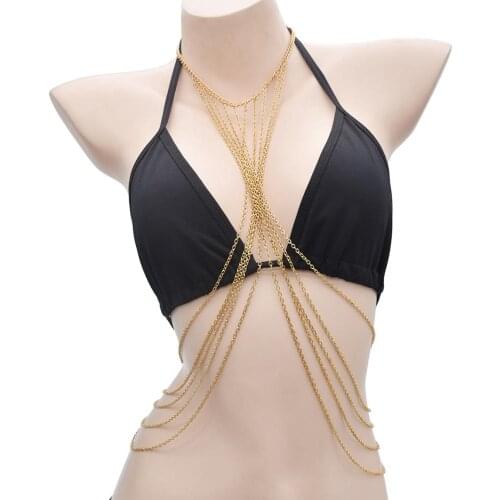 Bohemia Rhinestones Tassel Body Chain Sexy Beach Gold Silver Color Wedding Accessories Bra Cross Body Chain Jewellery for Women