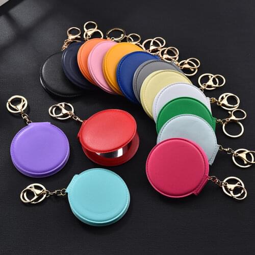 Creative Cosmetic Mirror Keychain Mini Round PU Leather Mirror Key Chain Double Faced Folding Portable Key Ring Jewelry Gifts
