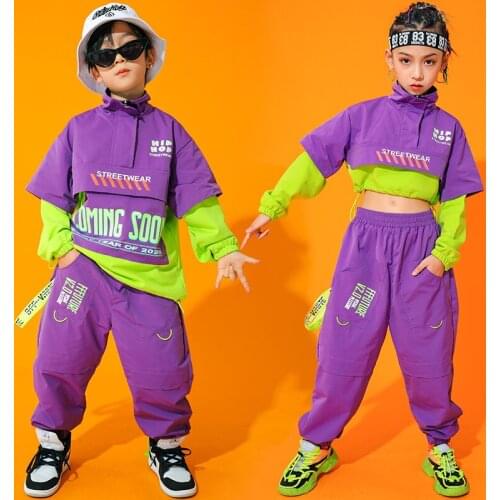 Children Hip Hop Dance Costume Long Sleeves Sweatshirt Purple Pants Loose Street Dance Outfit Ballroom Modern Rave Wear BL5186