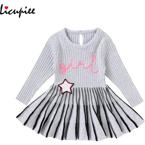 0-18 Months Letter Baby Girls Casual Long Sleeve Knitted Dress Fashion Letter Embroidery Round Neck A-line Princess Dress