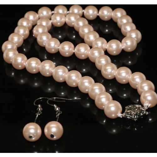 Hot sale Bohemia style pink 10mm round simulated-pearl shell beads chain necklace earrings women elegant jewelry set 18inchB2350