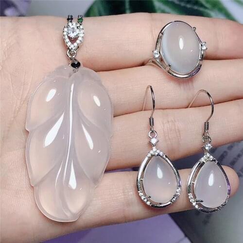 Jadery Charms Natural White Leaf Chalcedony Jade Jewelry Sets For Women 925 Sterling Silver Necklace/Earrings/Ring 2019 Gifts