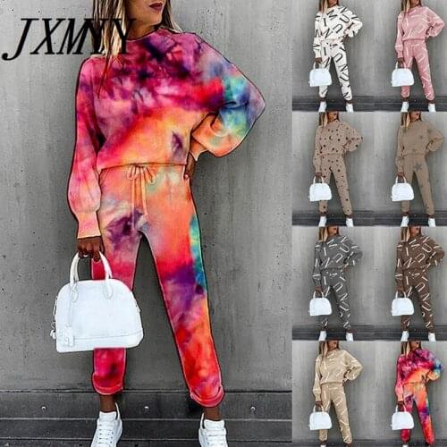 JXMYY 2021 New Style European And American Ladies Tie-Dye Printing High-Neck Long-Sleeved Fashion Casual And Comfortable Suit