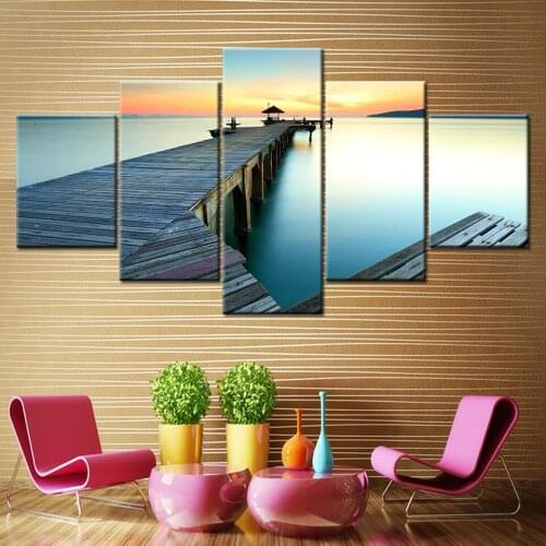 Canvas Painting Wall Art Frame Home Decor Pictures 5 Pieces wood bridge with sunrise sea Poster Living Room HD Printed