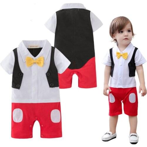 Baby Boy Gentleman Romper Tuxedo Suit Baby Wedding Suit with Bow Tie Infant Short Sleeve Vest Jumpsuit Baby Clothes Rompers