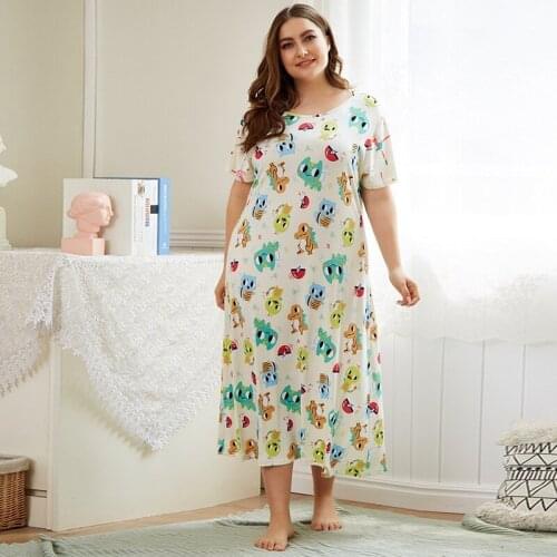 Summer Fashion Cartoon Print Sleepwear Women Short-sleeve O-neck Nightgowns Loose Short-sleeved nightdresses P1