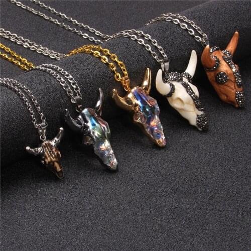 Metal men and women cow head pendant charm necklace bone glass jewelry pop party bar gifts Protection blessing healing necklace